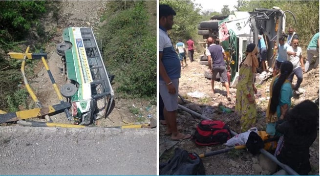 HRTC Accident : हादसे का शिकार हुई बस, दर्जन भर लोग घायल